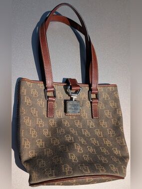 Dooney & Bourke Tan Canvas Monogram Shoulder Tote with Brown Trim